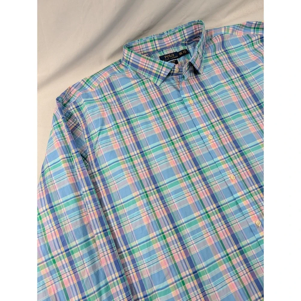 Ralph Lauren Men 4XLT Plaid Button Down Shirt  Blue Pink Check Long Sleeve Pony